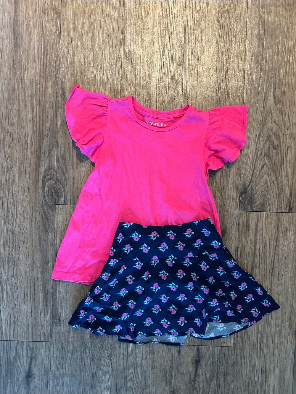 Crewcuts Bright Pink Flutter Sleeve Tee with Navy Floral Skirt